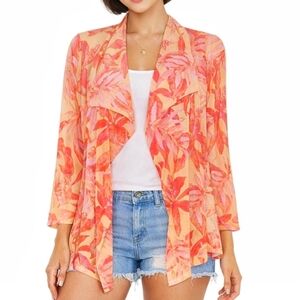 J. McLaughlin Sheer Tropical Kimono Topper Cardigan Orange Pink Resort Drape L